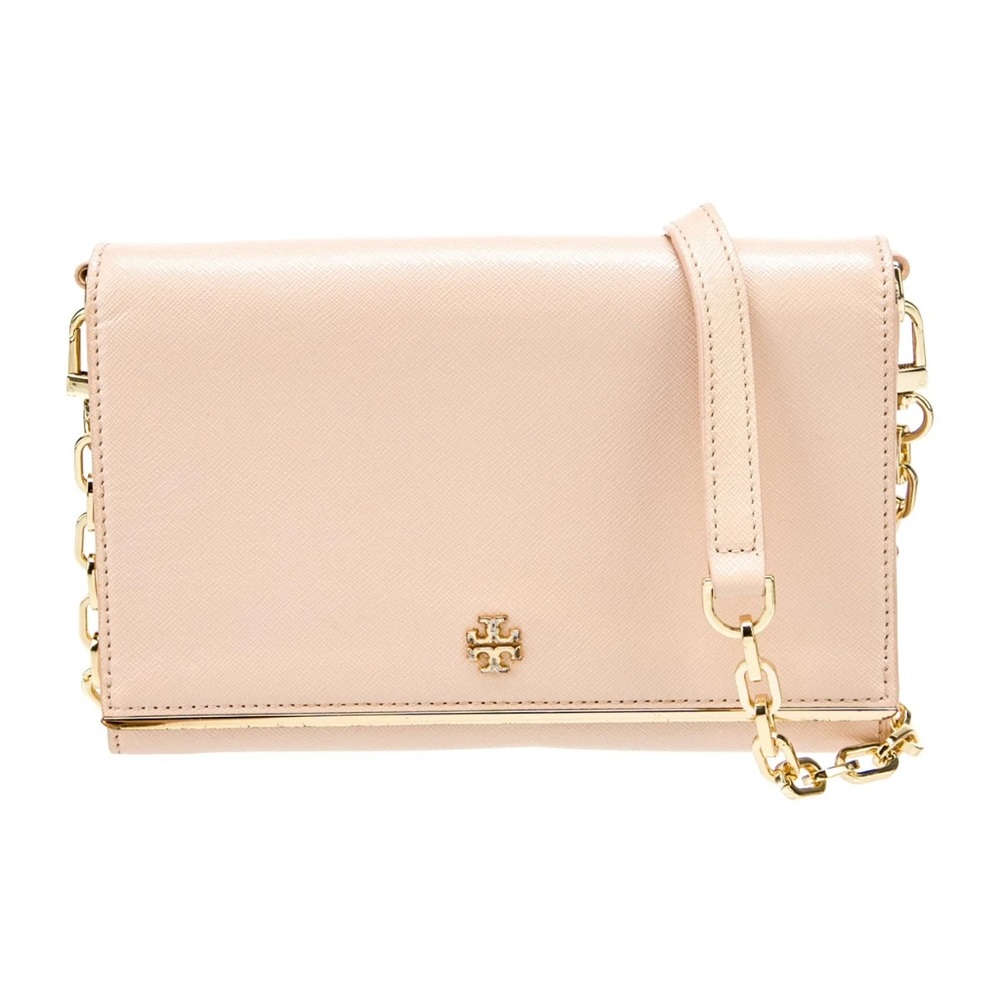 Tory Burch Saffiano Leather Cross Body Blush Pink Clutch with Fold-Over Design